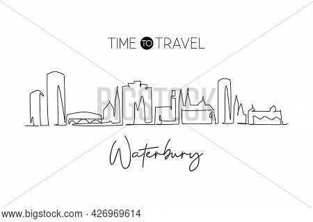 One Continuous Line Drawing Waterbury City Skyline Connecticut. Beautiful Landmark Art. World Landsc