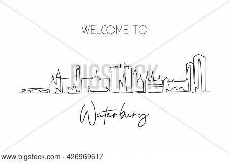 One Single Line Drawing Waterbury City Skyline, Connecticut. World Historical Town Landscape. Best H