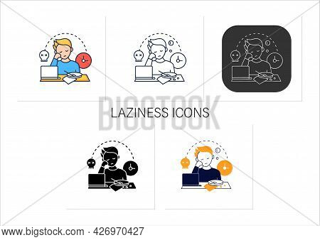 Laziness Icons Set.postpone Unpleasant Tasks For Later.delay. Lazy Person. Procrastination Concept.c