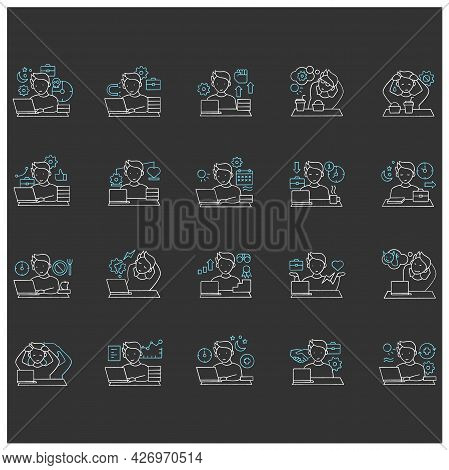 Workaholic Chalk Icons Set. Workaholism Prevention And Consequences. Workaholism Treatment, Ethic An
