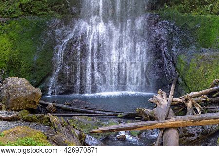 Bottom View Of Marymere Falls Waterfall In Olympic National Park, In The Lake Crescent Area