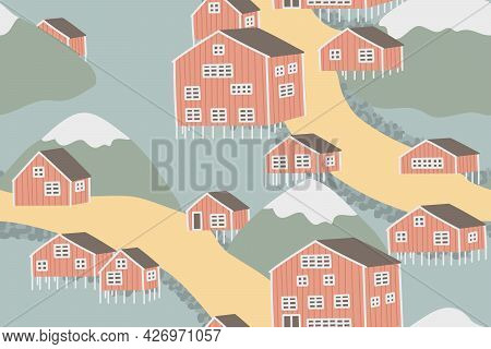 Seamless Pattern Of Red Wooden Houses Near The River Or Sea. Vector Illustration In Blue, Green Yell