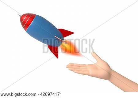 A Rocket Released From The Hands Of A Person. The Concept Of Rapid Business Success. 3d Render