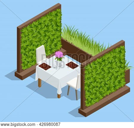 Isometric Green Wall And Wood Table In Restaurant. Restaurant With Wall Made Of Green Plants.