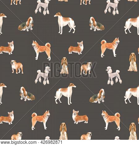 Beautiful Vector Seamless Pattern With Cute Watercolor Hand Drawn Dog Breeds Cocker Spaniel Greyhoun