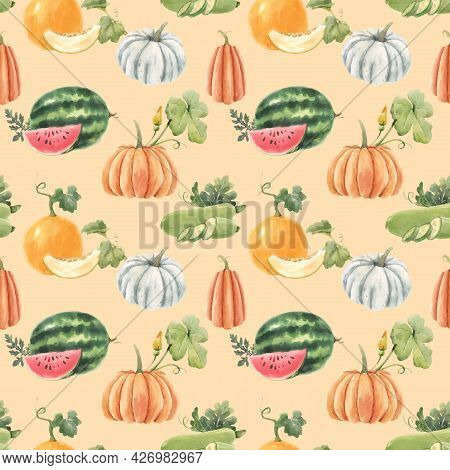Beautiful Vector Seamless Pattern With Cute Watercolor Hand Drawn Melon Watermelon And Pumpkin Veget
