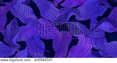 Vector Seamless Pattern With Jungle Tropical Leaves. Luxury Gold And Blue, Pink, Blackbac Kground. E
