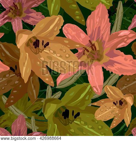 Sample Of A Seamless Pattern For Fabric With Their Image Of Yellow And Roy Lilies