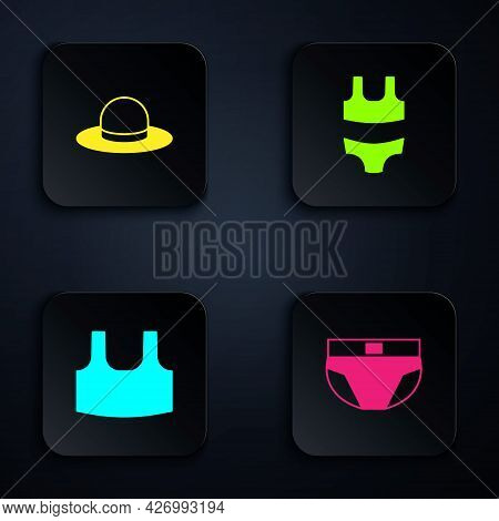 Set Men Underpants, Man Hat, Undershirt And Swimsuit. Black Square Button. Vector