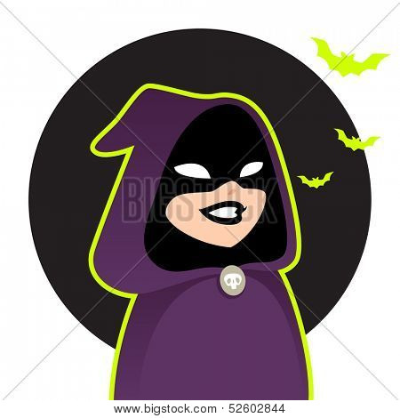Figure wearing purple hood Halloween cartoon character
