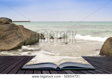 Creative Concept Pages Of Book Sennen Cove Beach Before Sunset In Cornwall England