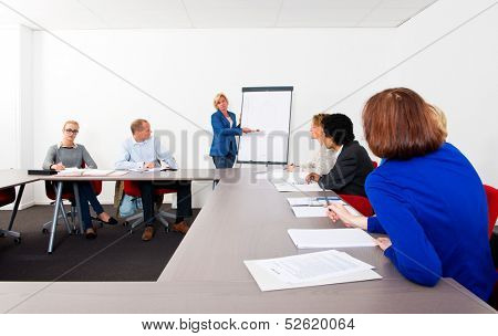 Plenary meeting of a small company, gathered in a meeting room around a flip over