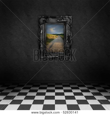 Empty, dark, psychedelic room with black and white checker on the floor and a colorful painting