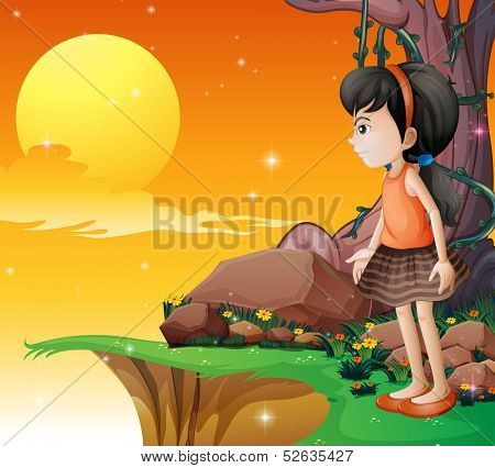 Illustration of a young girl watching the fullmoon at the cliff