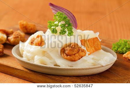 portion of fresh pork lard with greaves and decorated with parsley