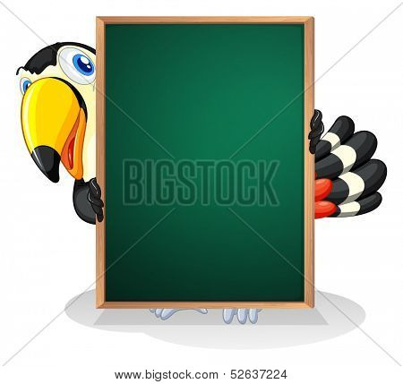 Illustration of a tucan holding an empty framed board on a white background