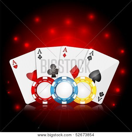 Playing Cards And Poker Chips On A Red Sparkling  Background.casino Background.vector