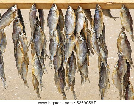 Dried Fishes For Sale On A Summer Beach.