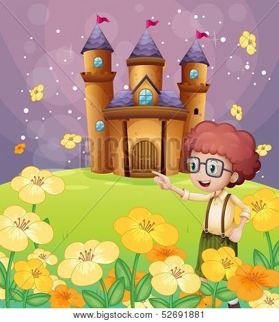 Illustration of a boy pointing near the flowers in the hill with a castle