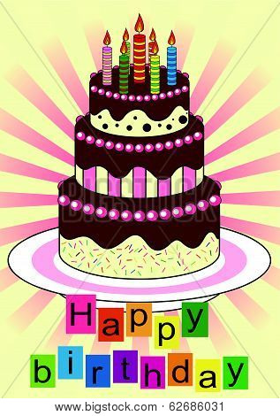 Chocolate Birthday cake with candles. vector illustration