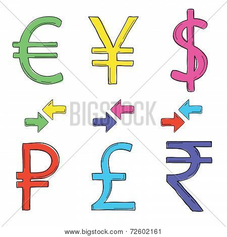 Hand drawing set of currency symbols.