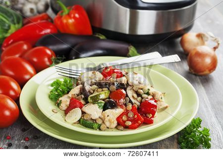 Vegetables, Steamed With Chicken And Green Lentils