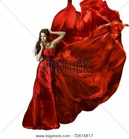 Woman In Red Elegant Silk Gown Waving Fabric