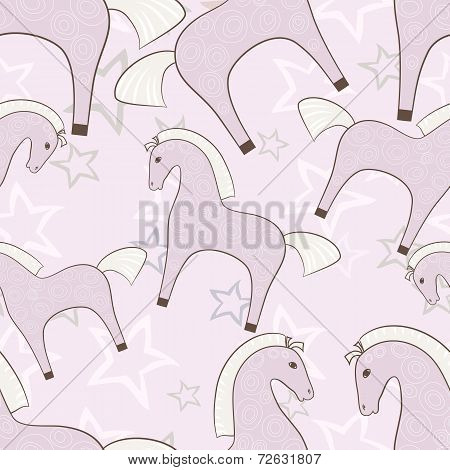 Pink Horses Girlish Seamless Pattern With Stars Background
