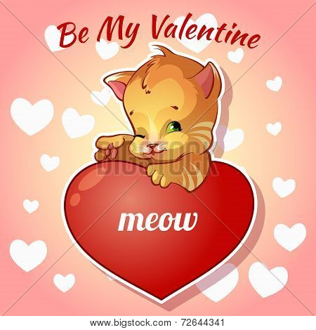 Cute red kitten with hearts for Valentine's Day