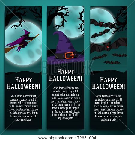 Set of halloween banners with witch, hat, bat symbols - moony background and scary tree branches.