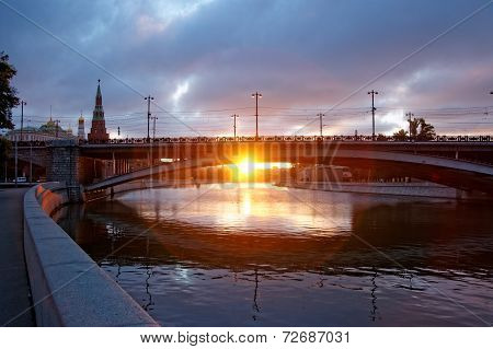 First Rays Of Sunlight Under The Big Stone Bridge Near Kremlin