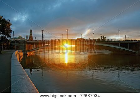 First Rays Of Sunlight Under The Big Stone Bridge Near Kremlin