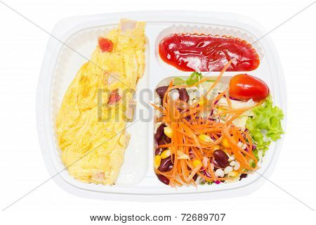 Omelette With Fresh Salad In White Plastic Box.