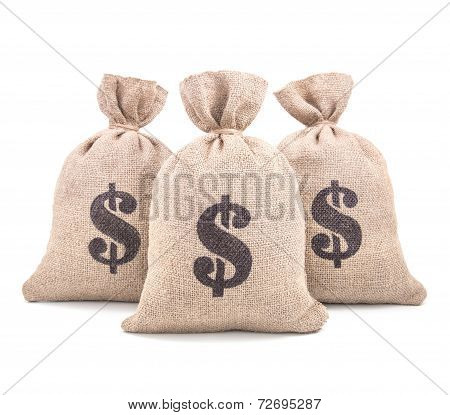 Three Burlap Money Bags Isolated On White Background