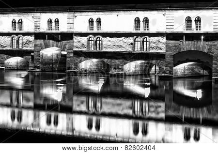 Strasbourg, medieval bridge Ponts Couverts. Alsace, France.  Abstract image.