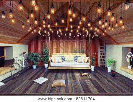 Hanging sofa in the attic interior, decorated  with vintage lamps. 3D design concept