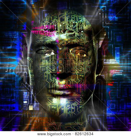 Cyborg artwork with computer electronics