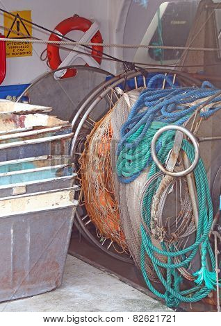 Fishing Nets In Fishing Boat At The Pier In Italy