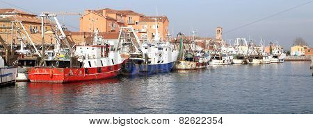 Red Fishing Vessel Other Ships Moored In The Port Of The Mediterranean Sea