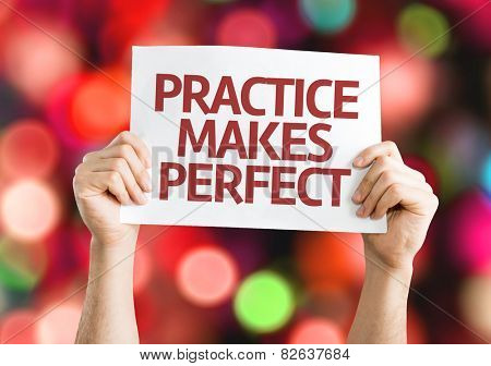 Practice Makes Perfect card with colorful background with defocused lights
