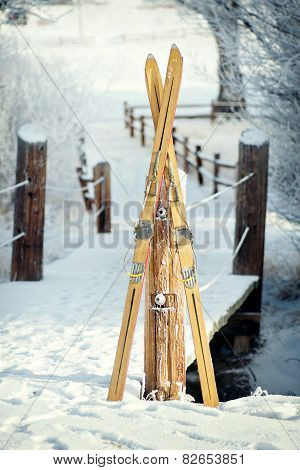 Vintage Skis in Snow Scene
