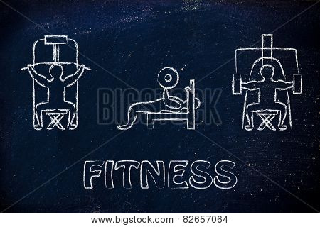 Strenght Training And Weight Lifting Illustration, Man Using Gym Machines