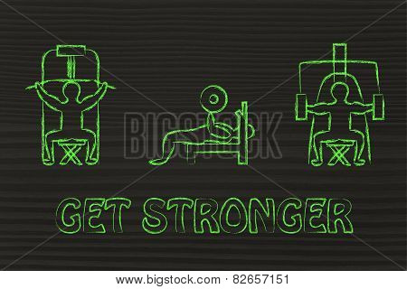 Strenght Training And Weight Lifting Illustration, Man Using Gym Machines