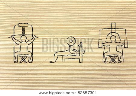 Strenght Training And Weight Lifting Illustration, Man Using Gym Machines