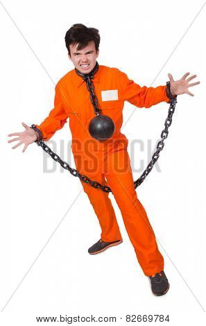 Young inmate with chains isolated on the white