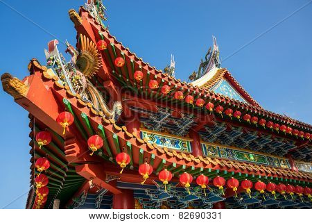 Architectural details of the roof structures of the Thean Hou temple in Kuala Lumpur, Malaysia.