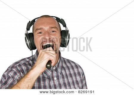 คนที่ มีหูฟังและไมโครโฟน