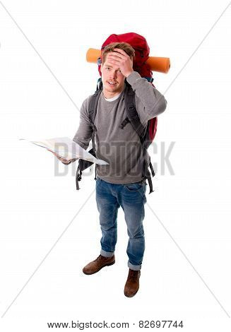 Young Backpacker Tourist Looking Map In Stress Lost And Confused Carrying Big Backpack