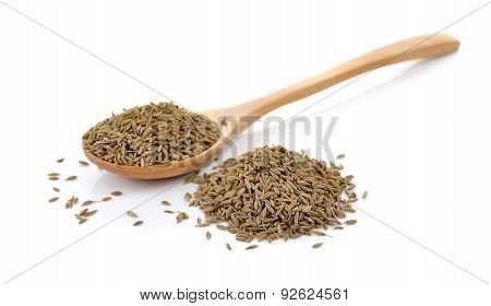Caraway Thai Herbs Spices In The Wood Spoon On A White Background