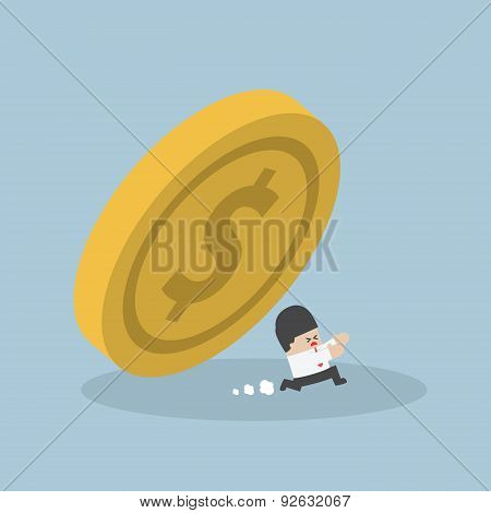 Businessman Running Away From Falling Dollar Coin